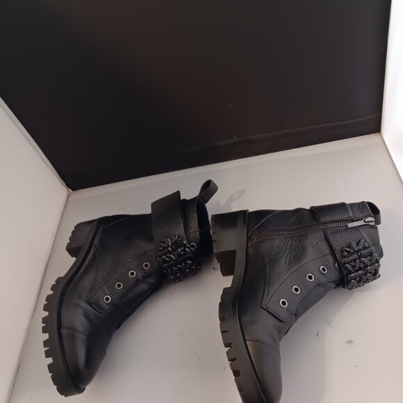 Karl Lagerfeld Paris Pippa Black Leather Bejeweled SideZip Lug-Sole Combat Boots - Picture 5 of 7